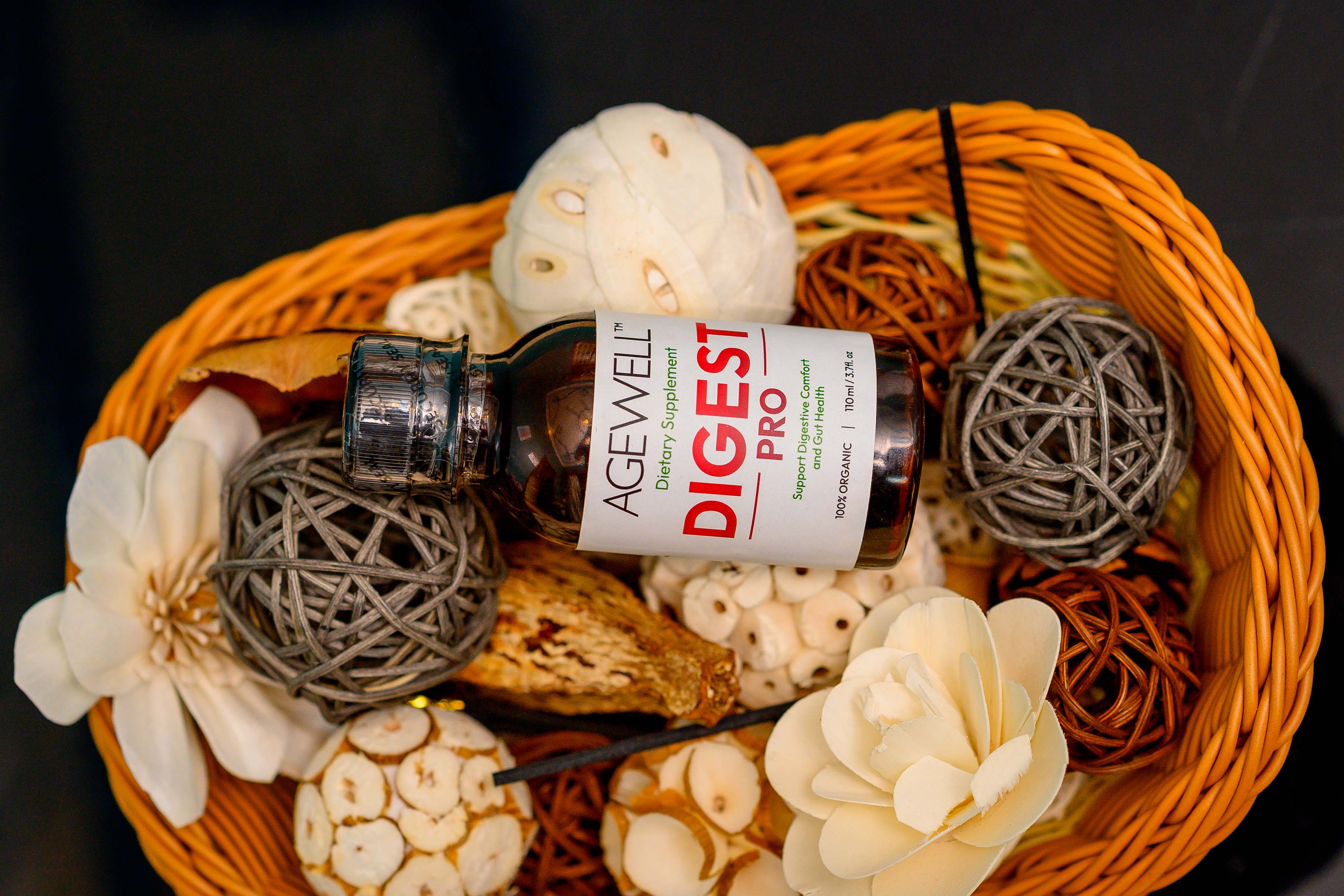 Digest Pro product packaging in a woven basket