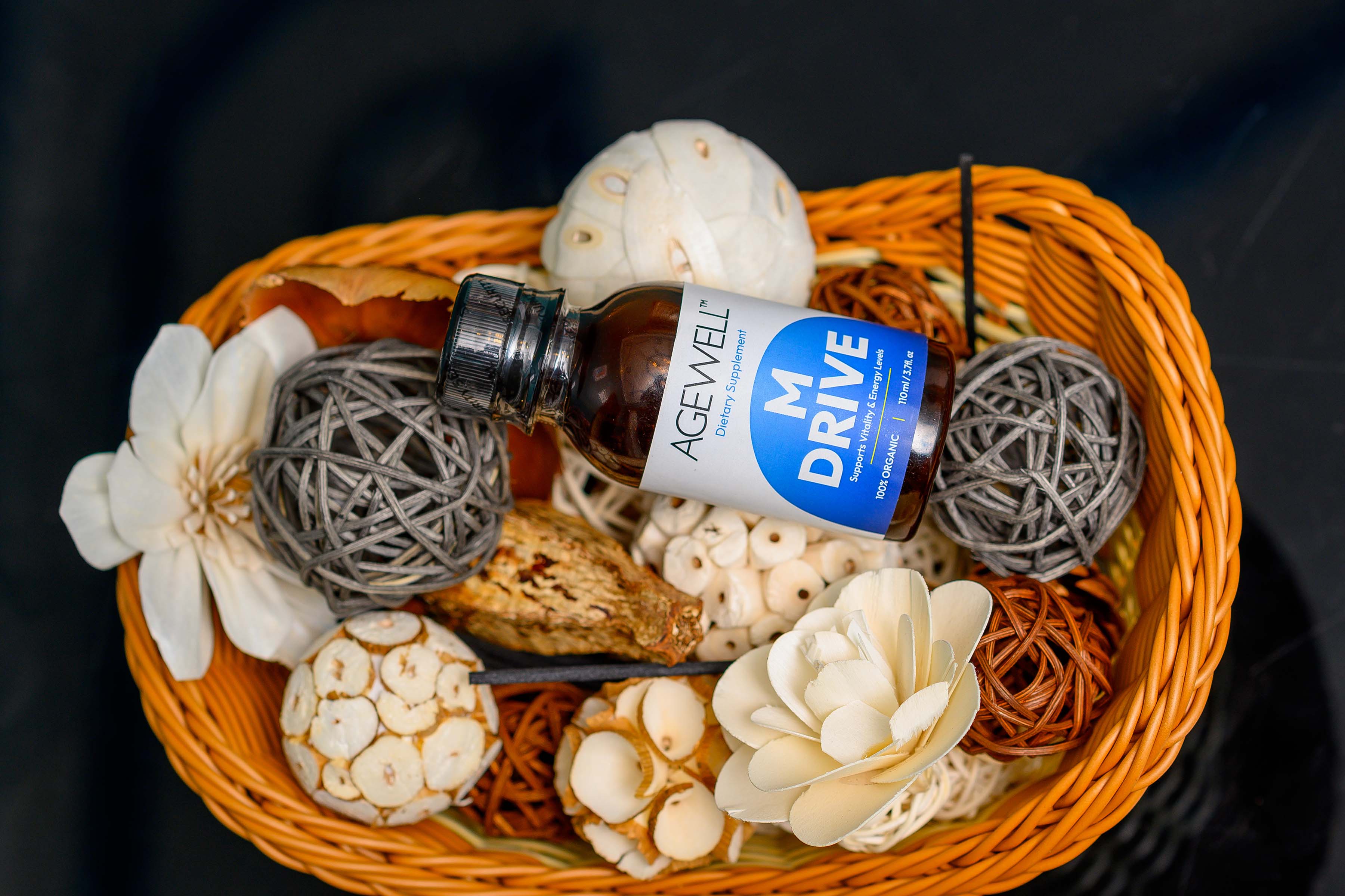M Drive product packaging in a woven basket