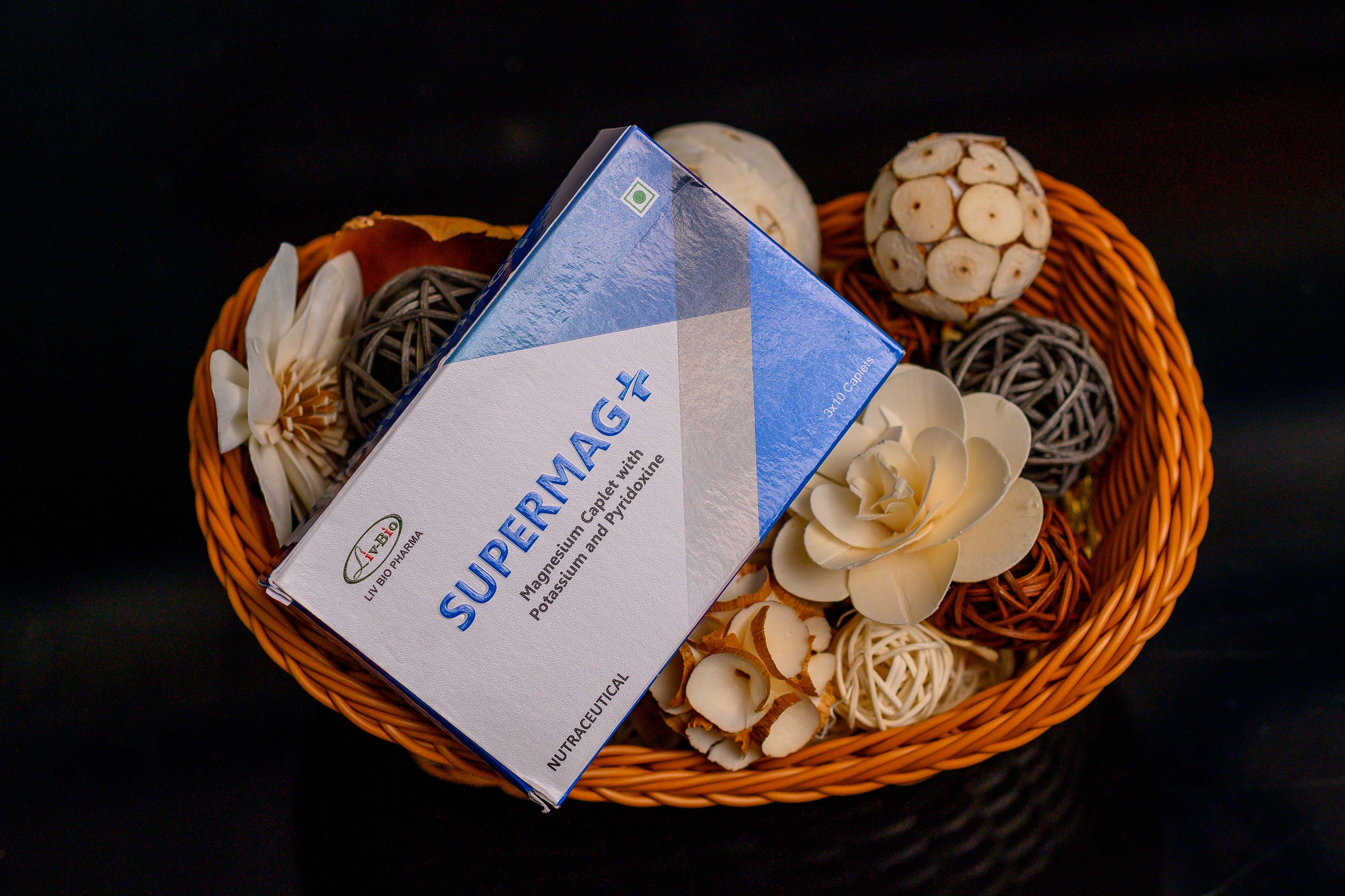 Supermag+ product packaging in a woven basket
